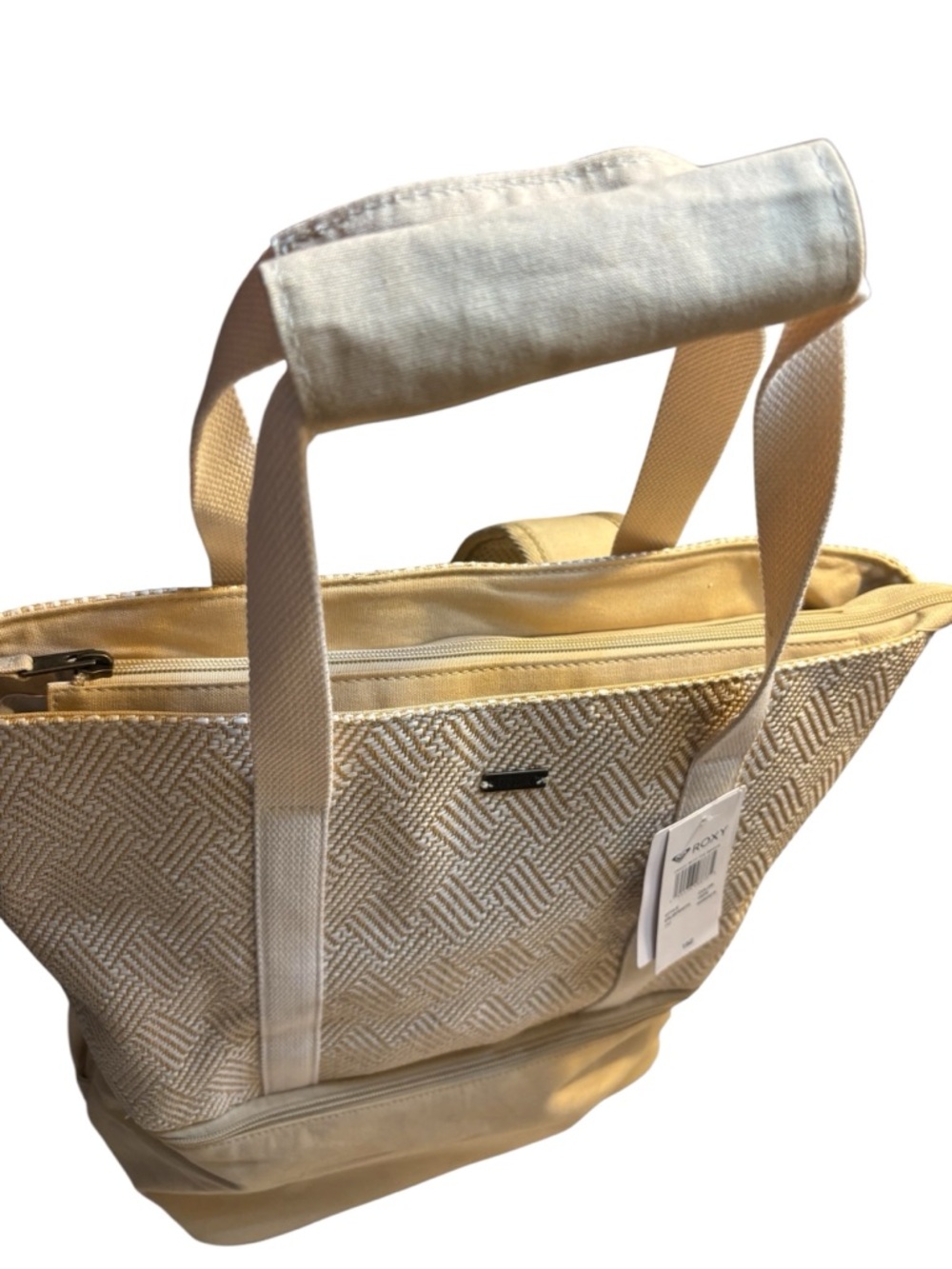 Sale! NWT Roxy Beach Tote Backpack Cooler base Beige & Cream Woven Two-Tone Zip - Picture 5 of 14